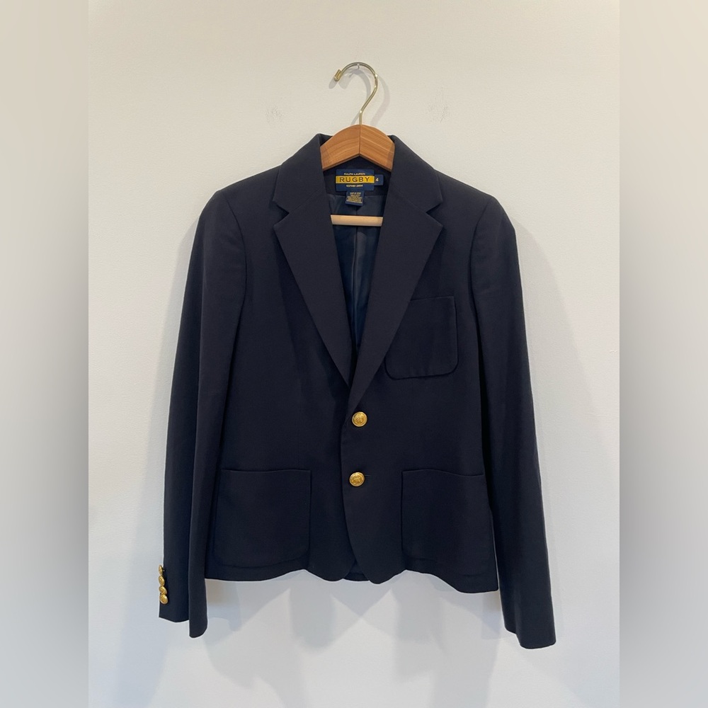 RARE Ralph Lauren Rugby Navy 100% Wool Blazer Gold Crest Buttons Preppy Size 4
